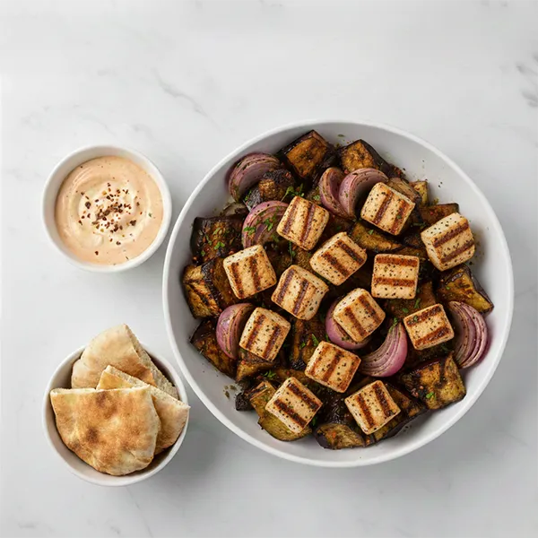 Fish Shish Tawook With Charred Veggies, Spiced Pita & Chili Citrus Mayo